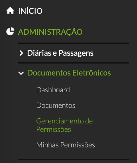Menu Gerenciamento de permissões